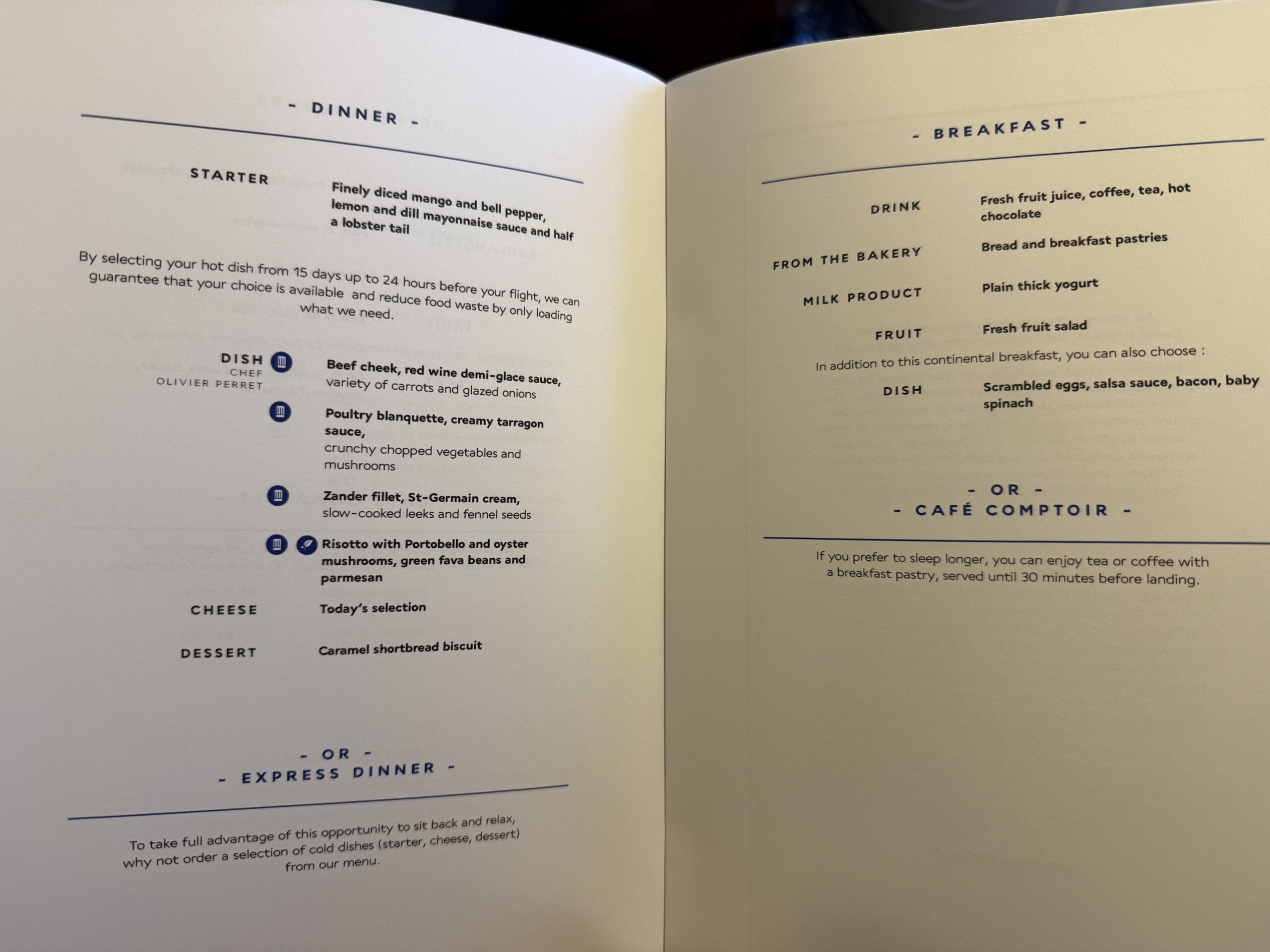 Air France Ottawa to Paris a menu open in a book
