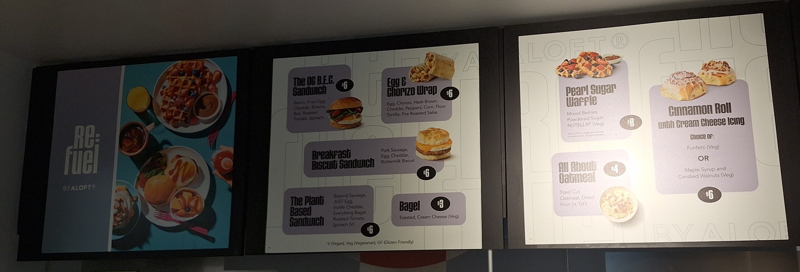Marriott Aloft Nashville review a menu board with different types of sandwiches