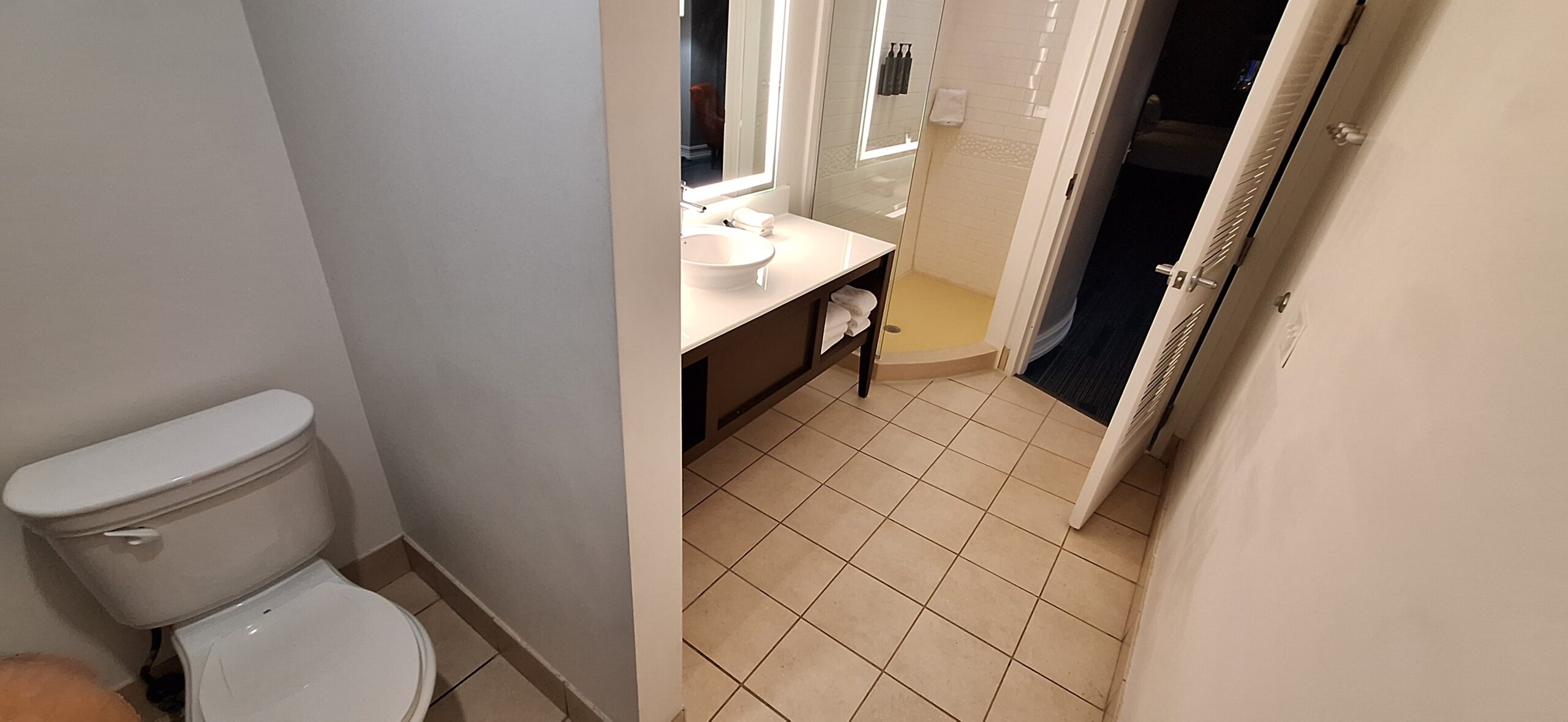Marriott Aloft Nashville review a bathroom with a sink and shower