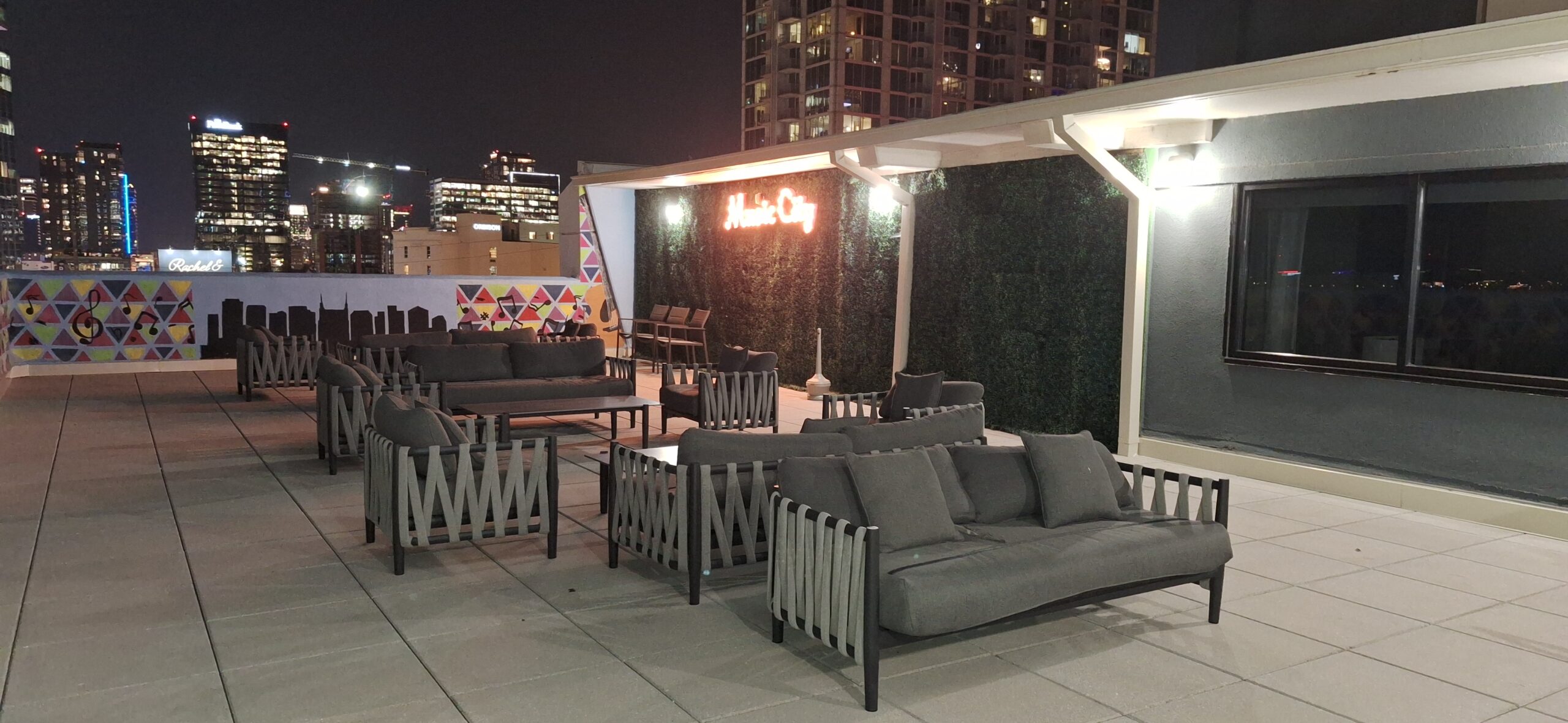 Marriott Aloft Nashville review a group of couches on a rooftop