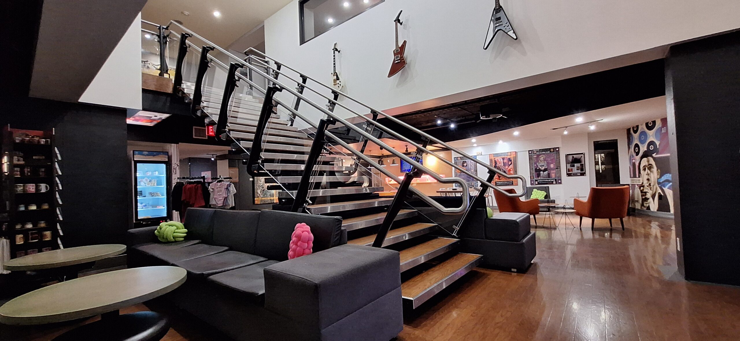 Marriott Aloft Nashville review a room with a couch and a staircase