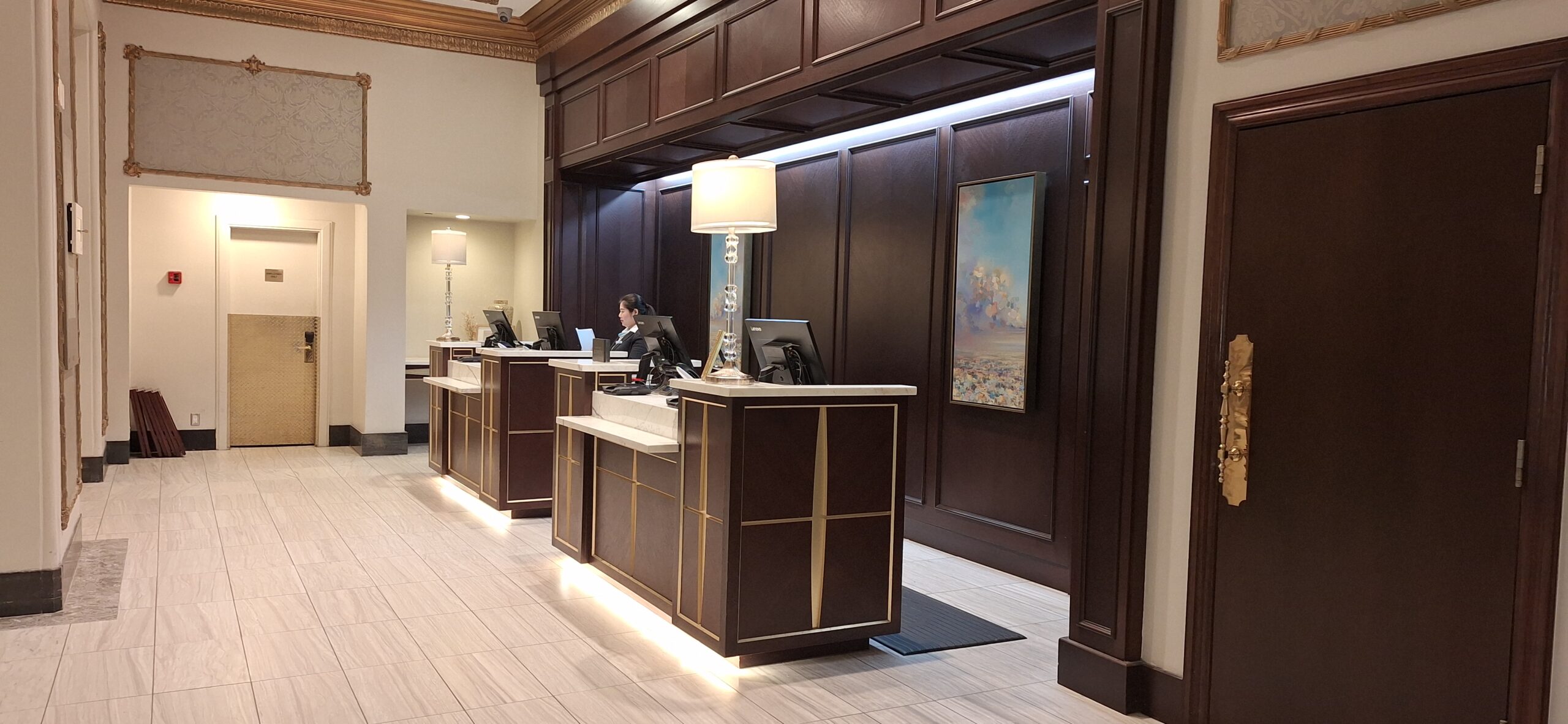 a reception desks in a hotel