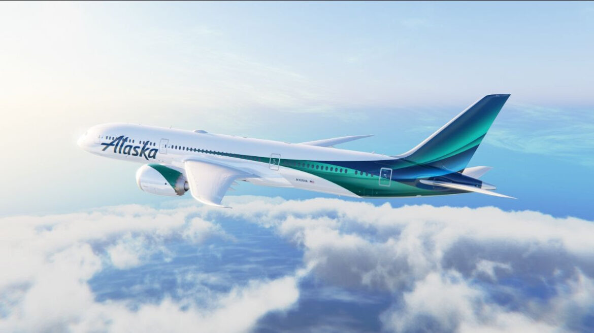 Alaska Airlines New Livery a white and green airplane in the sky