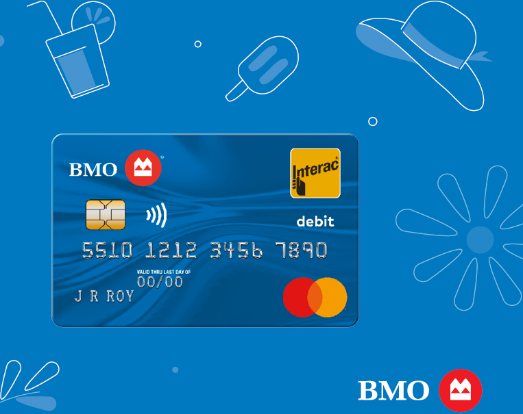 BMO Account a blue credit card with white text and symbols