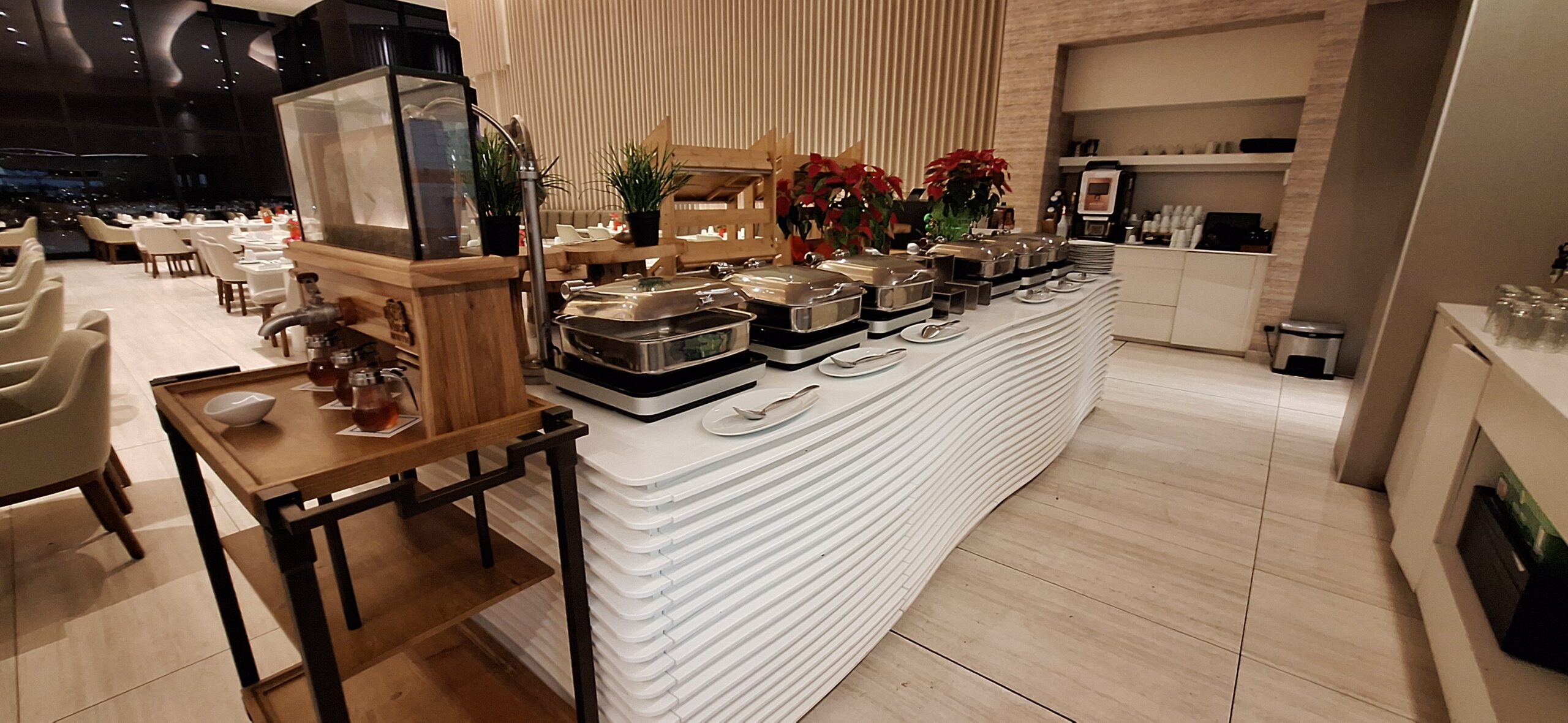 a buffet line of food