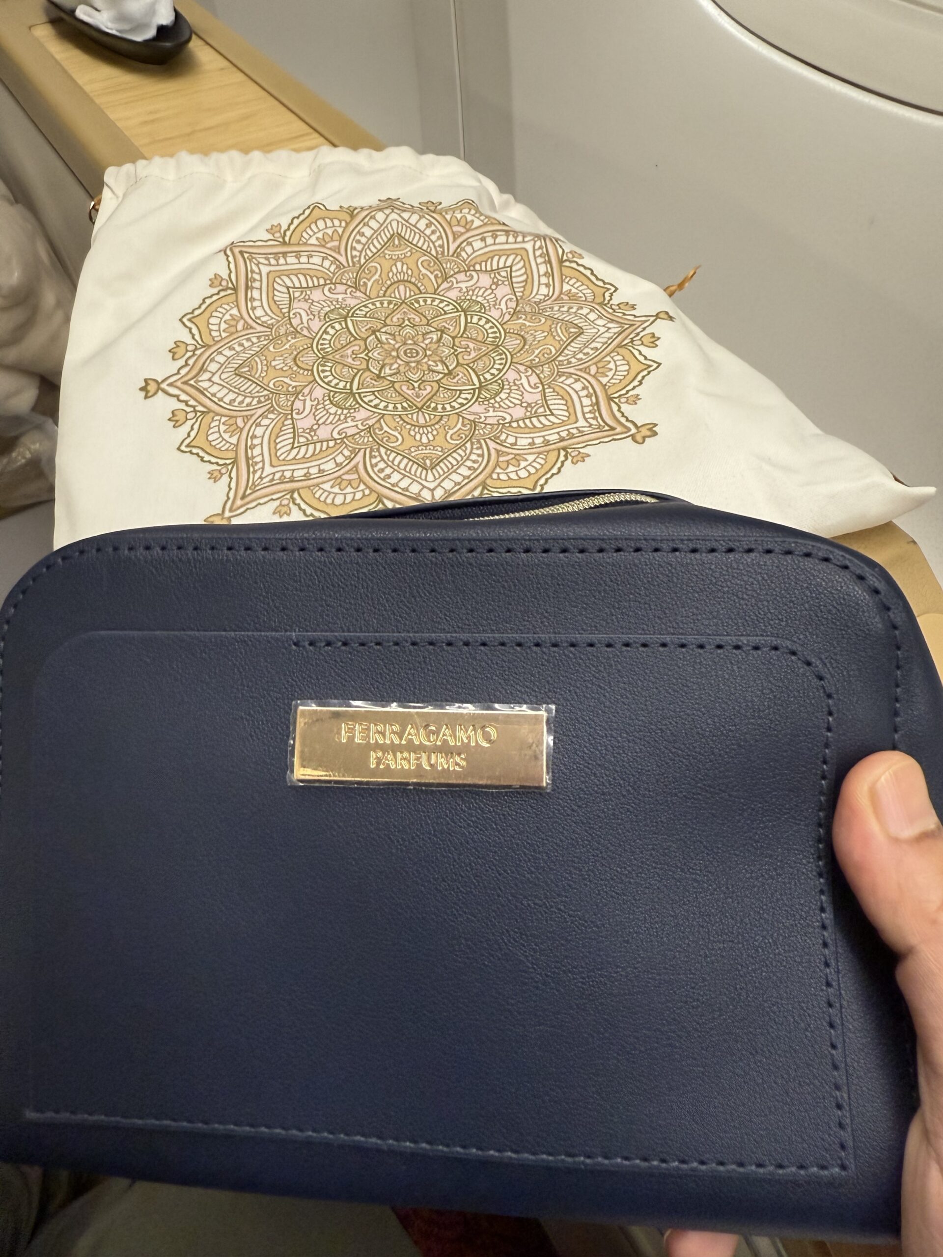 Air India First Class a hand holding a blue bag