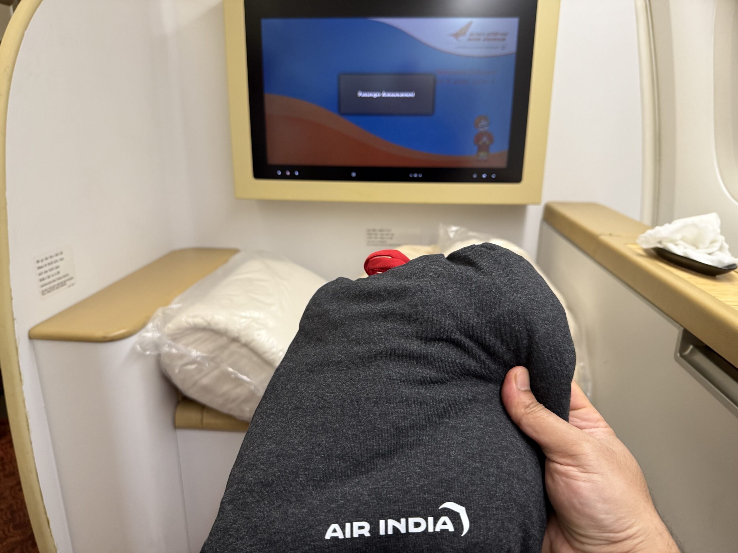 Air India First Class a hand holding a bag in front of a television