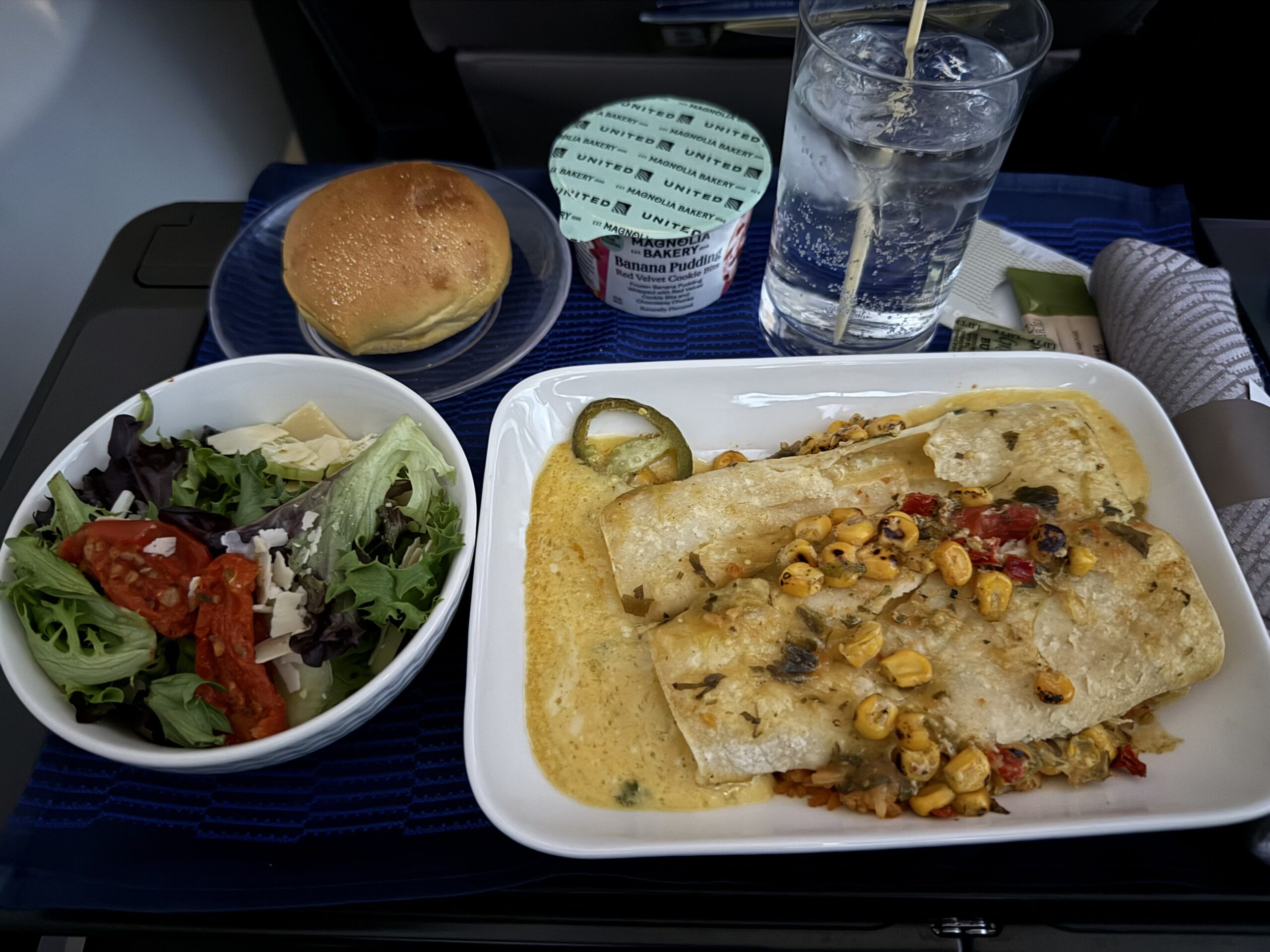 United First 737 Max food on a plate with a salad and a glass of water