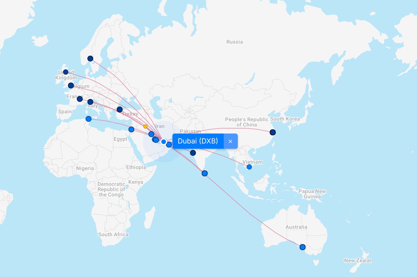 a map of the world with blue dots and red lines