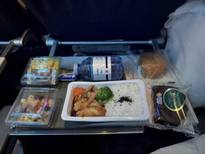 food on a tray on a plane