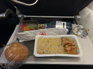food on a tray in a plane