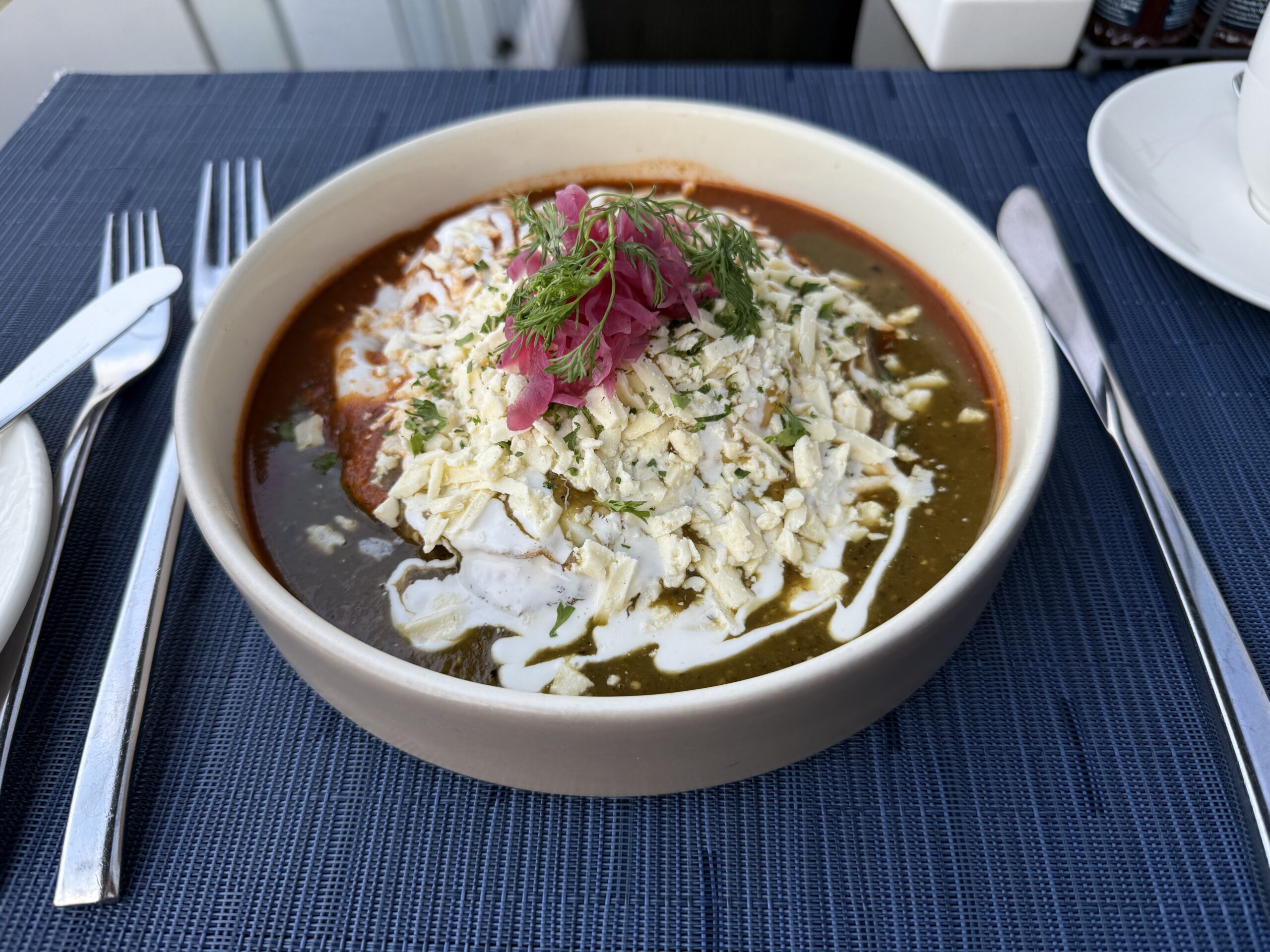 a bowl of soup with white cheese and red onions