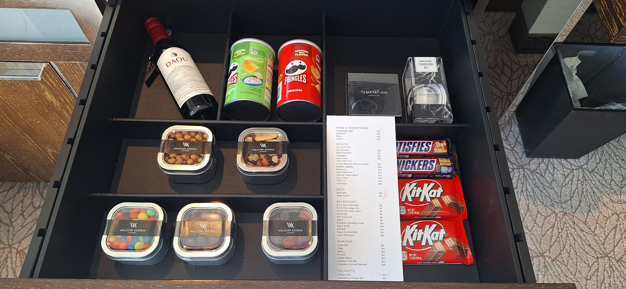 a shelf with food and drinks