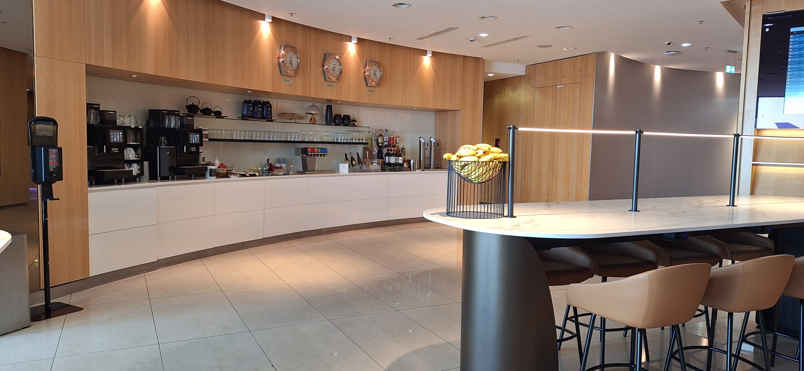 a counter with a bar and a counter with a basket of food