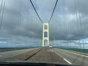 a car driving on a bridge