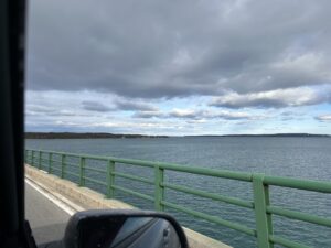 a road with a railing and a body of water