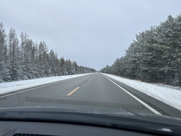 a road with trees in the snow