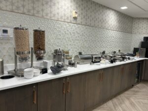 a buffet with food on it