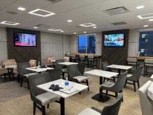 a room with tables and chairs