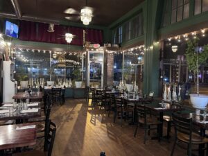 a room with tables and chairs