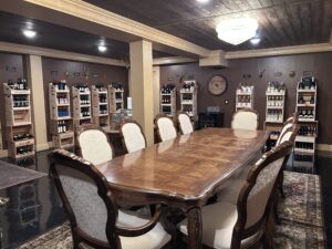 a room with a table and chairs