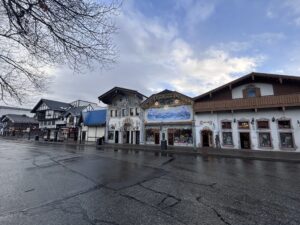 a street with buildings and trees