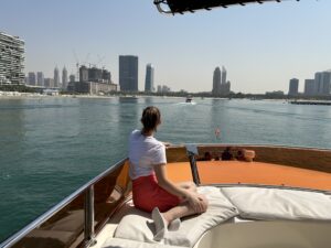 a woman sitting on a boat