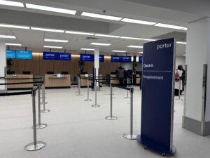 a blue sign in a building