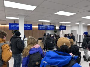 a group of people in a building