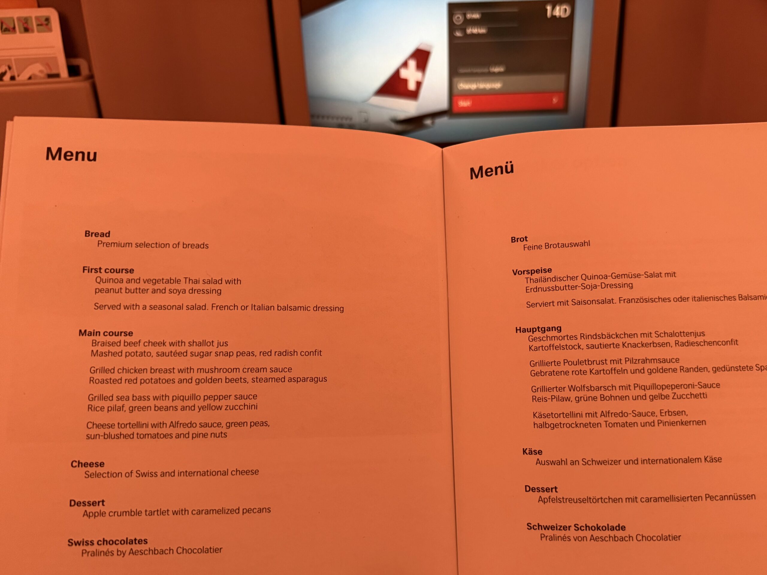 Swiss Business Class A330 a menu in a restaurant