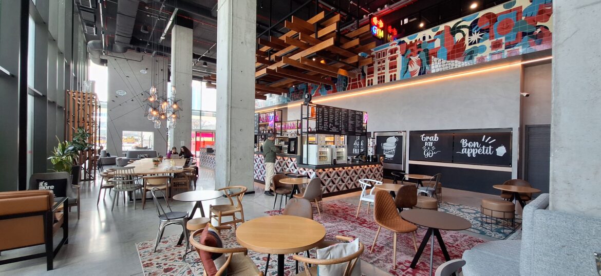 a room with tables and chairs