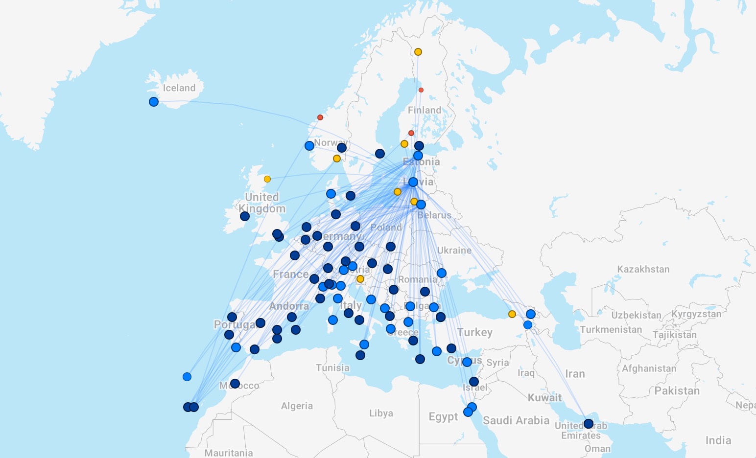 Aeroplan airBaltic partnership a map of europe with blue dots and lines