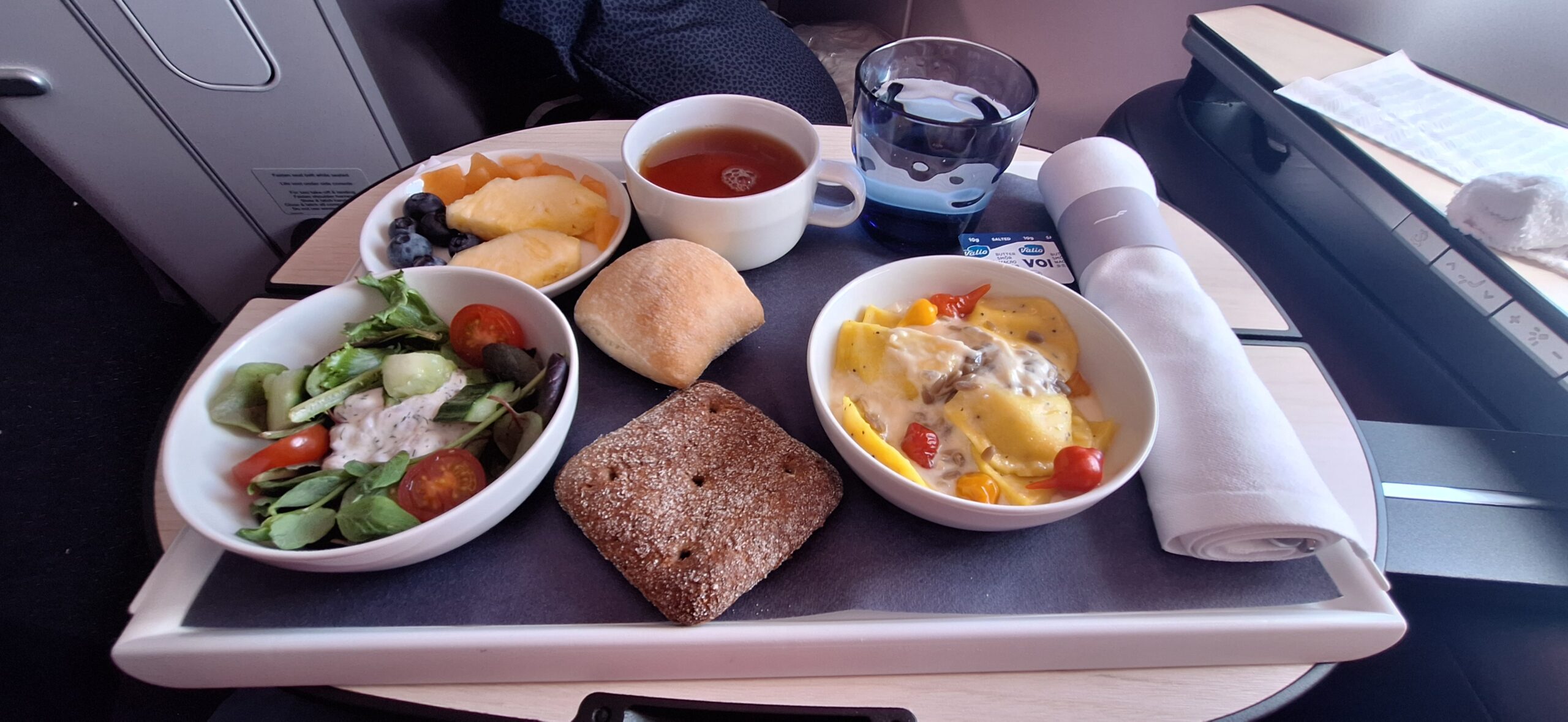 a tray with food and drinks on it