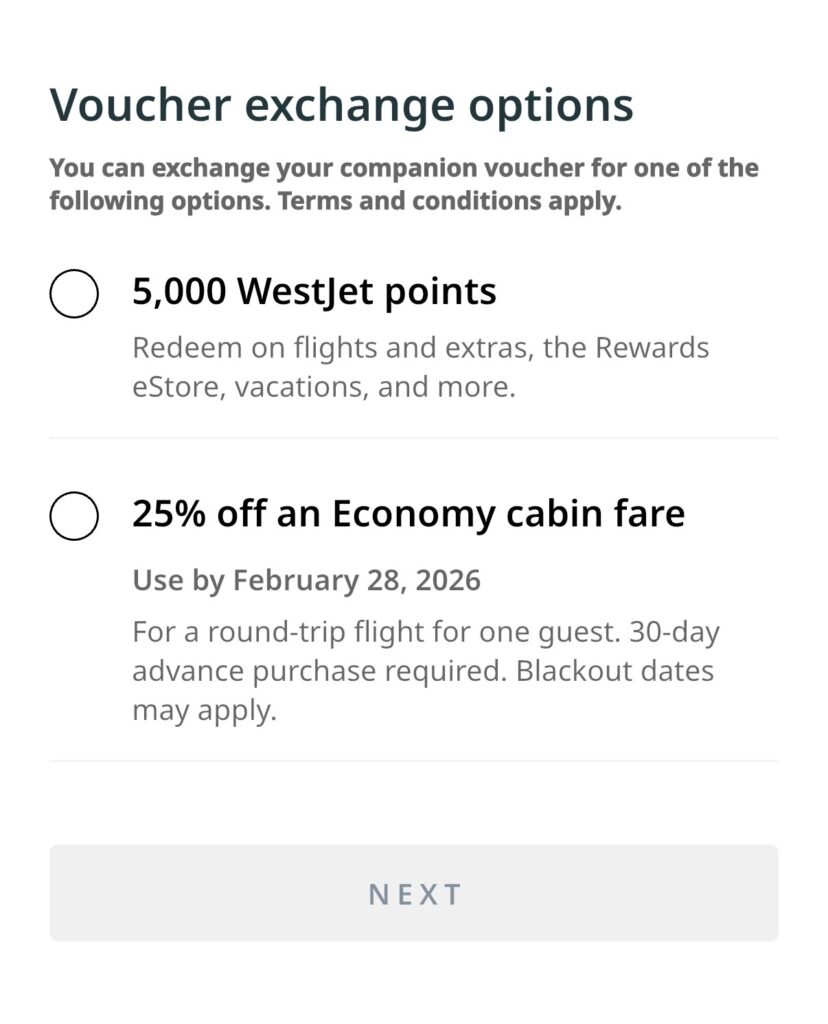 exchange WestJet voucher for 5,000 points