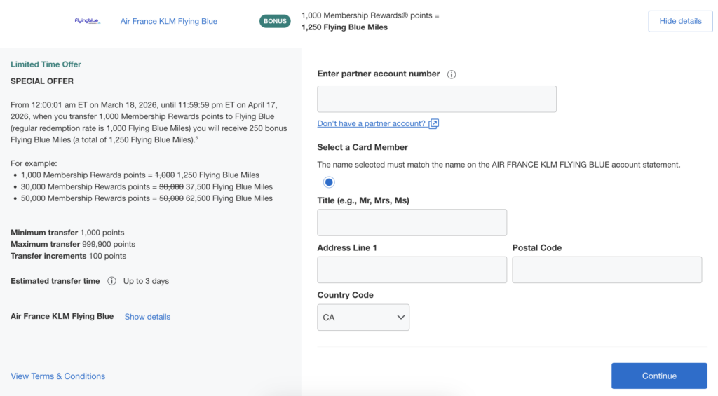amex mr canada flying blue transfer bonus