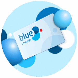 a blue and white card with blue circles and black background
