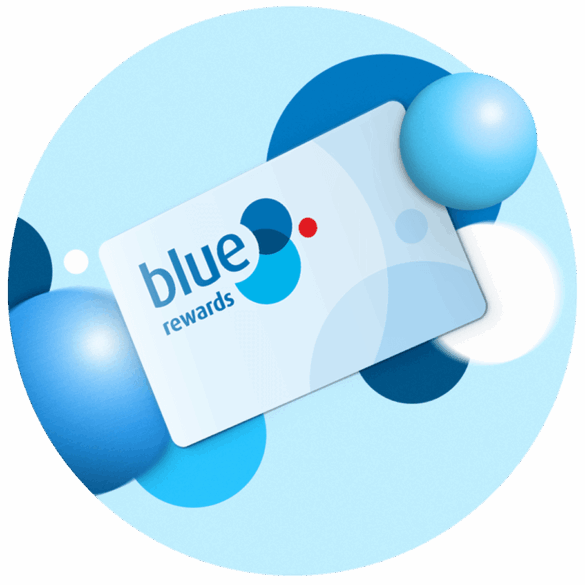 a blue and white card with blue circles and black background