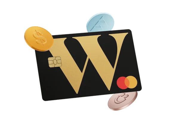 a black card with gold letters and coins