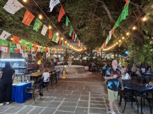 Review Viva Azteca Resort Mexico a man walking under a string of string lights