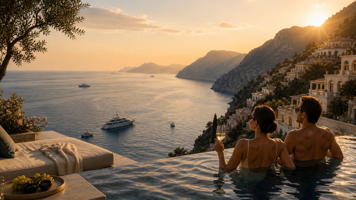 a woman in a pool with a glass of wine overlooking a body of water