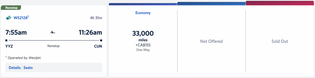 Skymiles on WestJet YYZ-CUN