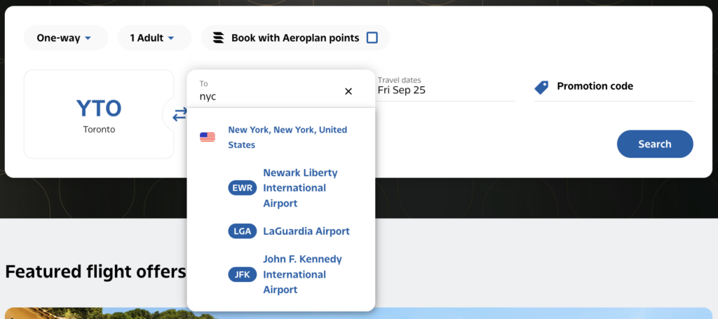Air Canada flight search
