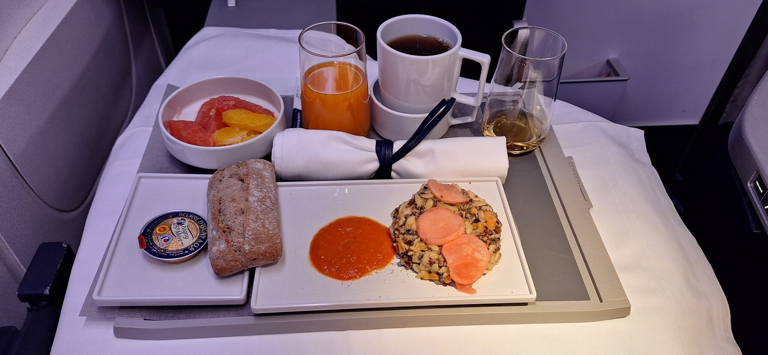a tray with food and drinks on it