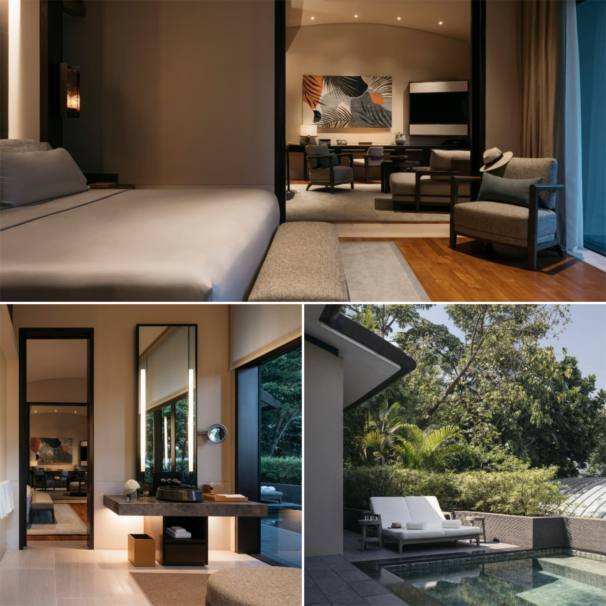 a collage of a room with a pool and a bed