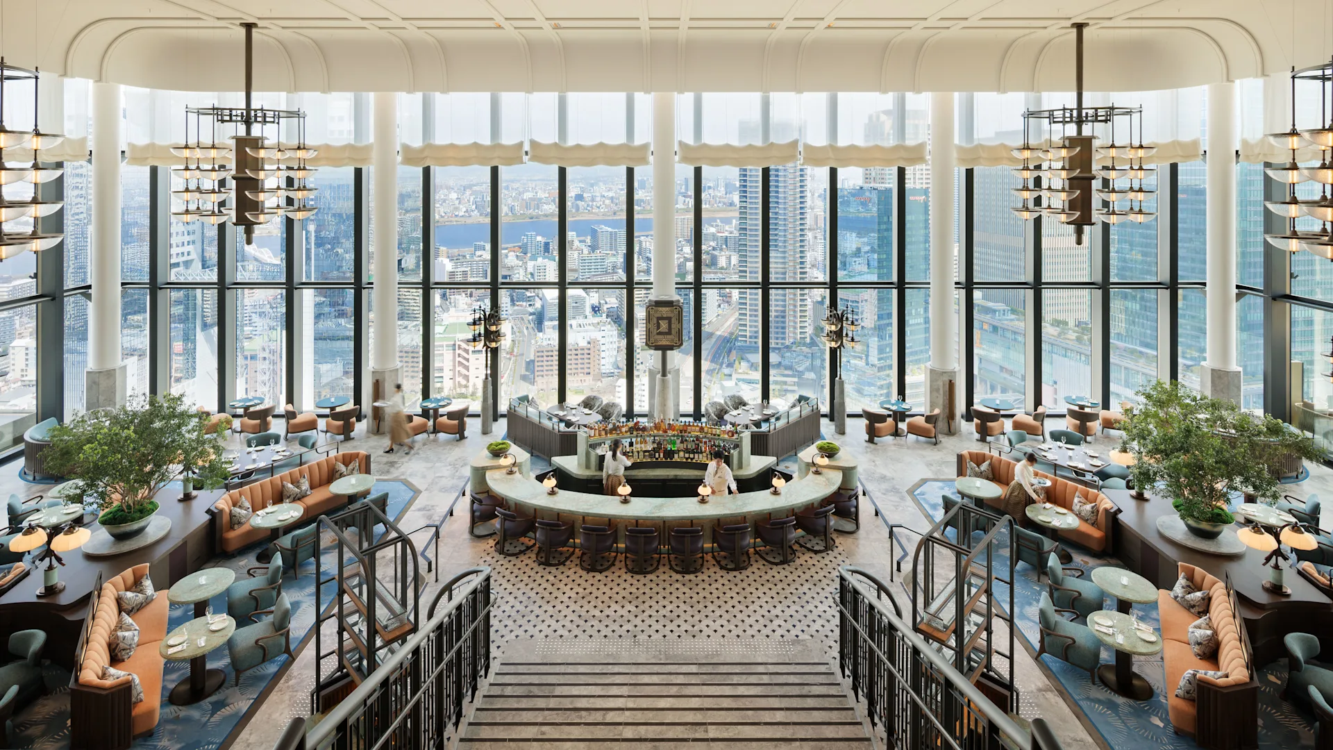 a large room with a large window and a large table with chairs and tables