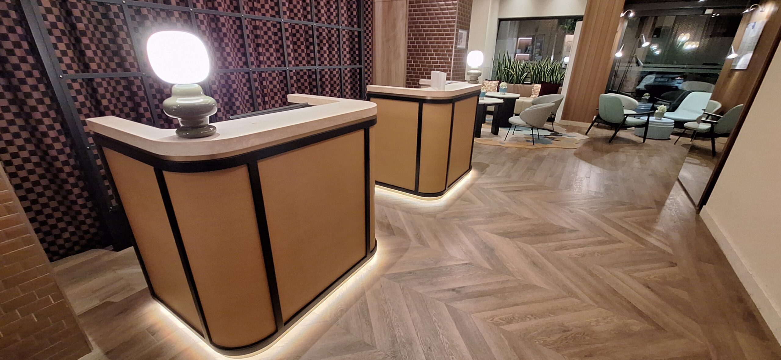 a reception desks in a hotel