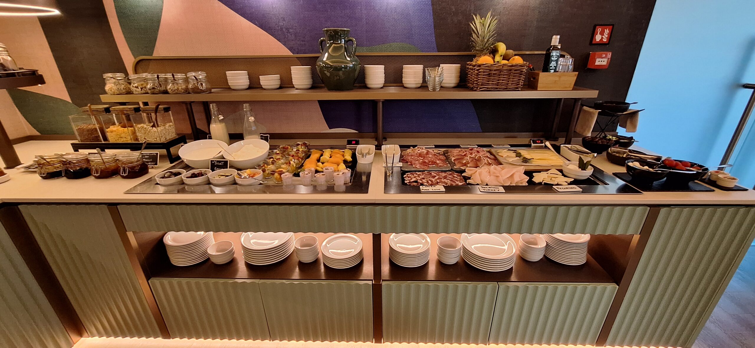 a buffet with food on shelves