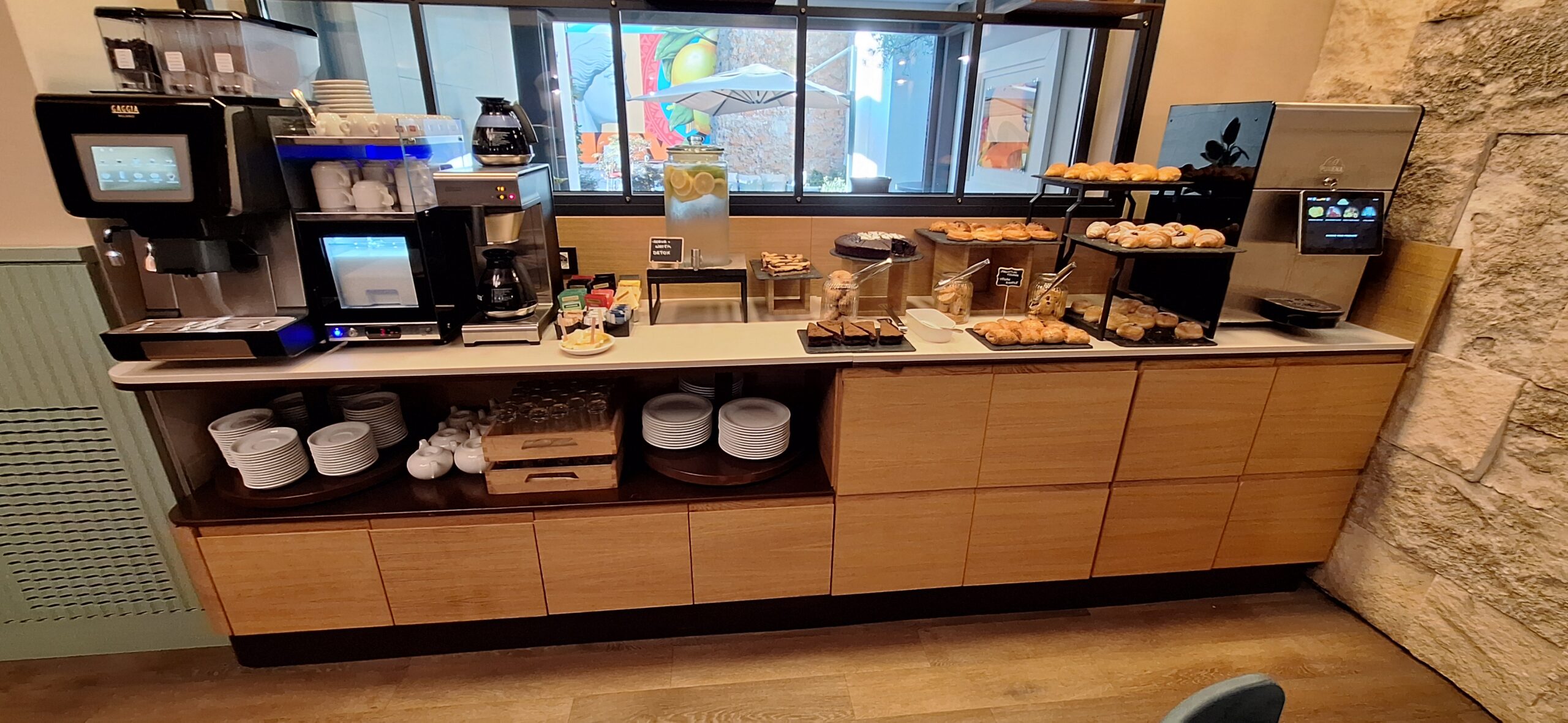 a buffet with food on shelves