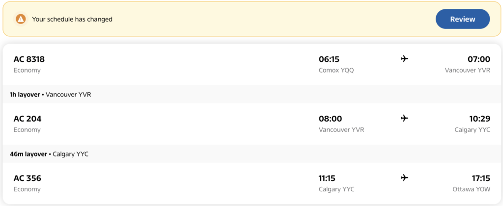 air canada schedule change