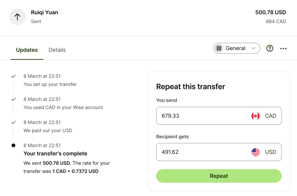 Wise money exchange CAD to USD